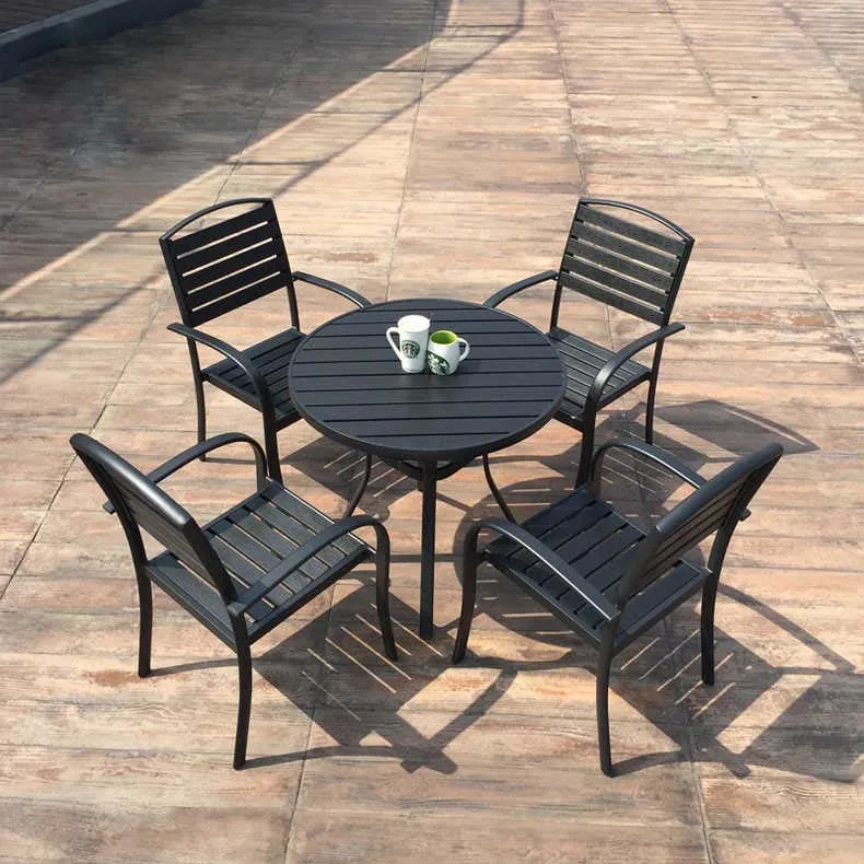 Leisure outdoor furniture set courtyard cafe cake shop green outdoor dining waterproof plastic wood table chair set