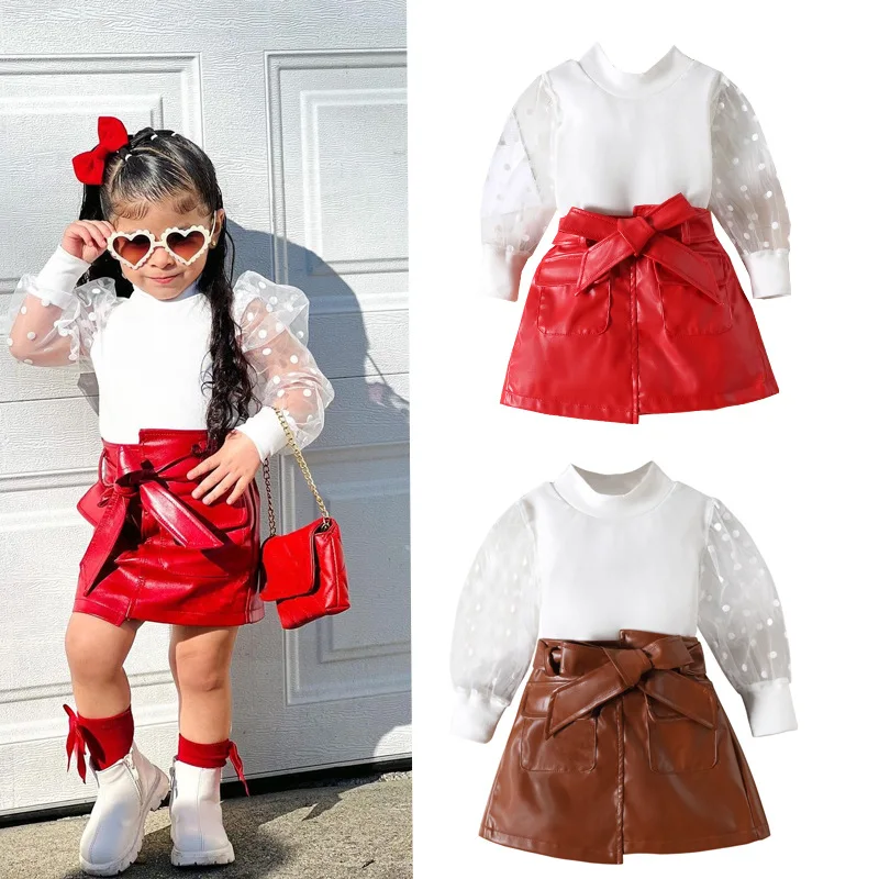 New Arrival Kids 2 Piece Red Brown Leather Skirt and White Lace Top Blouse Shirt Set for Children Girls