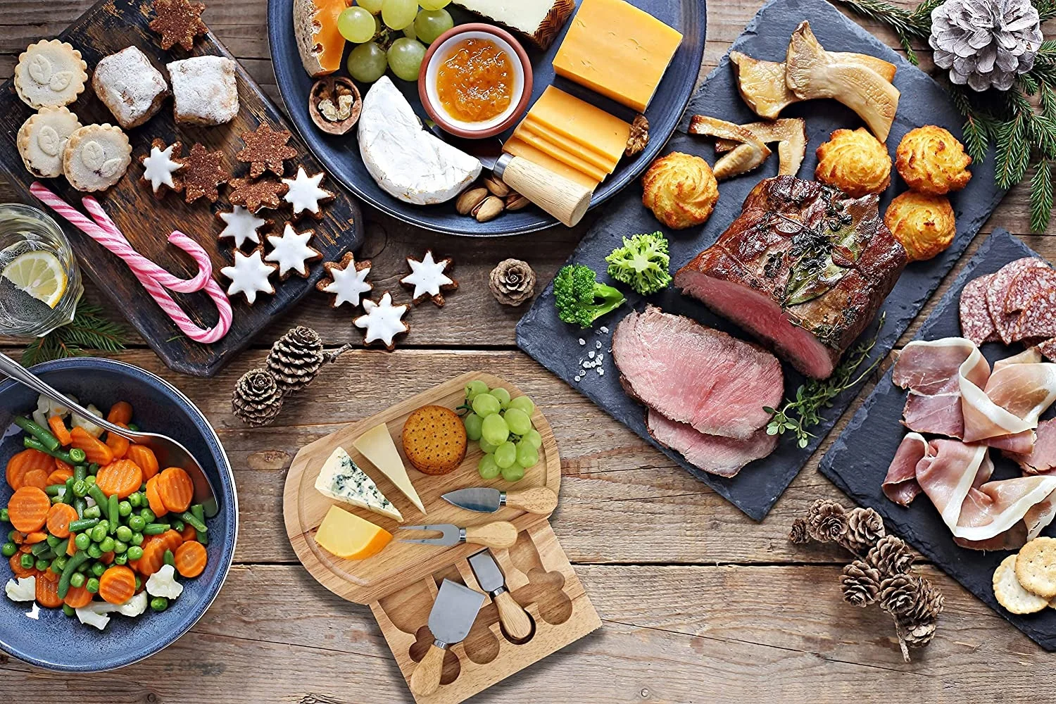 Cheese Board Set by StarBlue - with 4 Knives and Slide Out Drawer | Large Oak Wooden Cheese and Platter Cutting Serving Plate