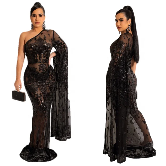 Women Party Dress One Shoulder Designer Luxury Evening Dresses  See Through Embroidery Sequin Party Night Evening Dress 3XL