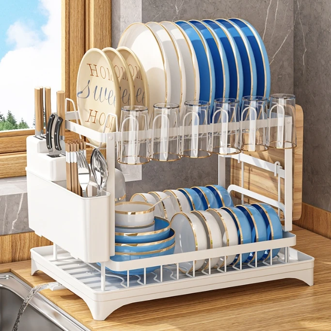 2 Tier Large Dish Drying Rack for Kitchen Counter with Drainboard Stainless Steel Dish Drainer for Dish/Knifes/Cup/Cutting Board