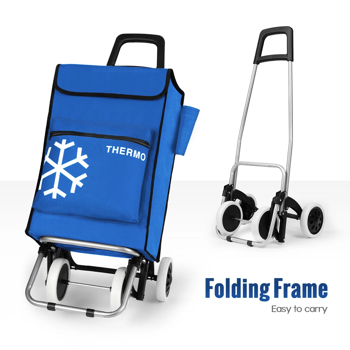 Luxsuite Single-Tier Aluminium Blue 4-Wheel Portable Shopping Trolley Cart Foldable Grocery Bag Market Supermarket Luggage