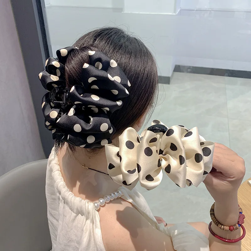 French Polka Dot Clouds Large Claw Clip Elegant Bubble Bow Hair Shark