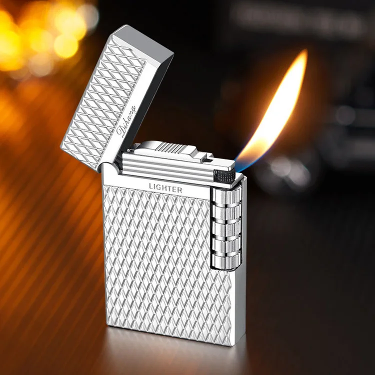 wholesale Steel sound side sliding wheel oblique fire lighter refilled butane gas diamond lattice high-grade lighter