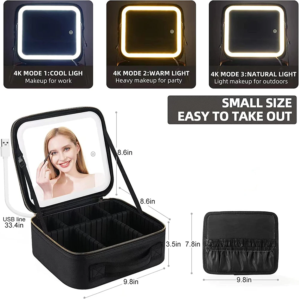 Travel Makeup Bag with LED Cosmetic Mirror Portable Adjustable Light Table Mirror Train Case Organizer with Adjustable Dividers