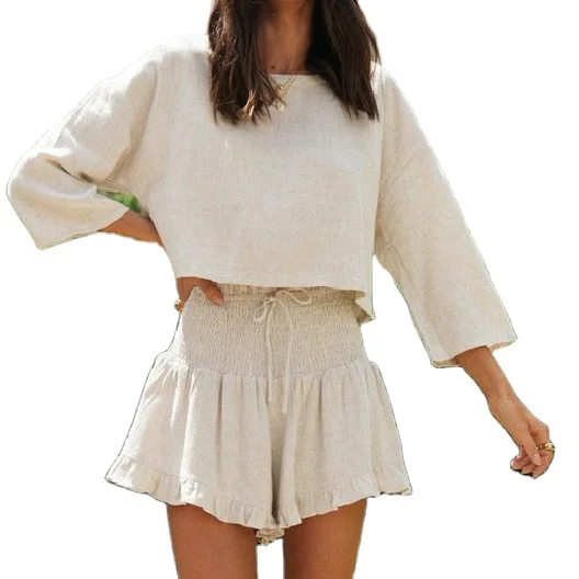 2021 New Women Ladies Fashion Spring Summer Solid Color Casual Long Sleeved Blouse and Drawstring Flare Shorts Two Piece Suit