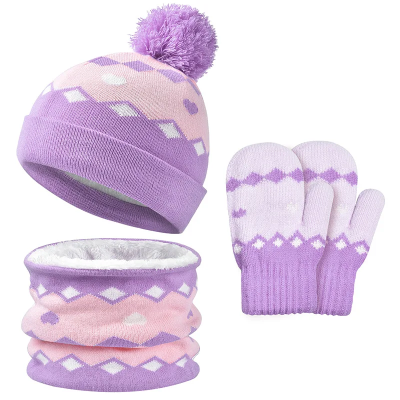 winter Knitted jacquard beanie hat scarf gloves sets kids child loop cotton neckwarmer