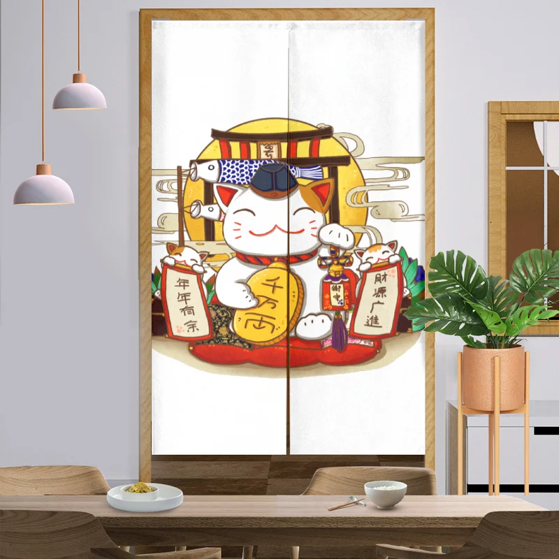 Lucky Cat Noren Japanese Curtain Entrance Feng Shui Door Curtain Kitchen Animal Family Printed Knitted Spring Cotton Linen 50pcs