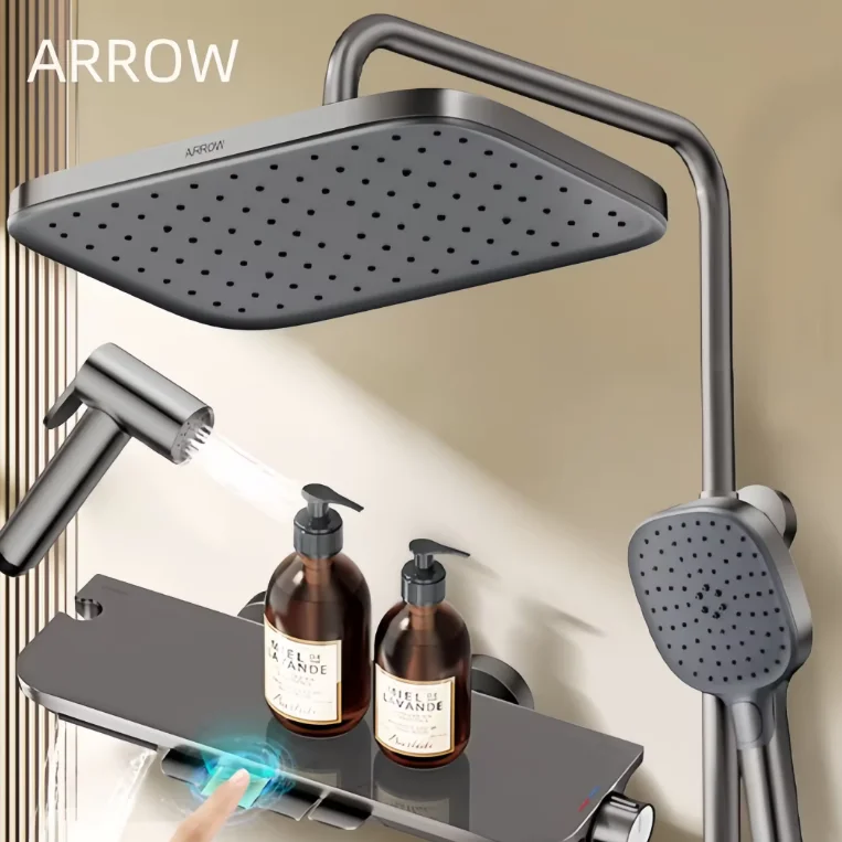 ARROW Black Gun Gray Piano Shower System Cold And Hot Water Mixer 4 Functions Contemporary Shower Faucets Bathroom Shower Set