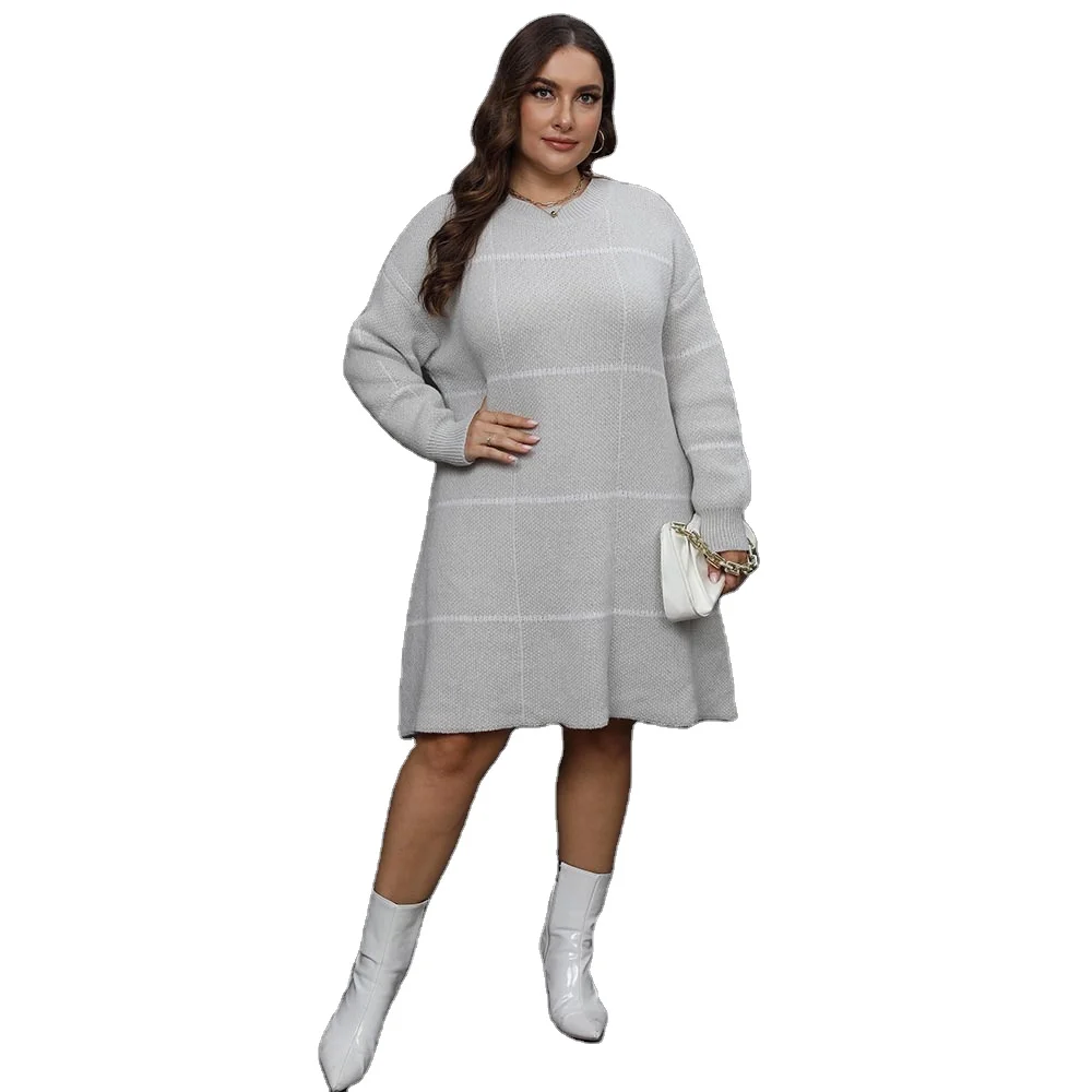 2024 Factory autumn winter casual dress sweaters coat round collar wool ladies knitted plus size sweater dresses for women