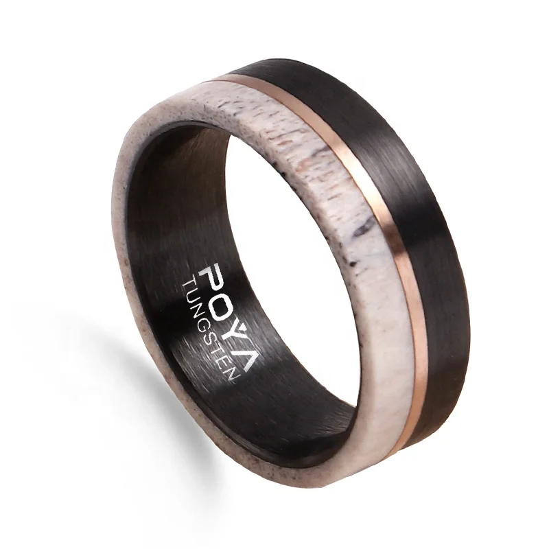 POYA Custom 8 мм Олень Рог золотая линия инкрустация вольфрамовое Кольцо мужское черное охотничье обручальное кольцо