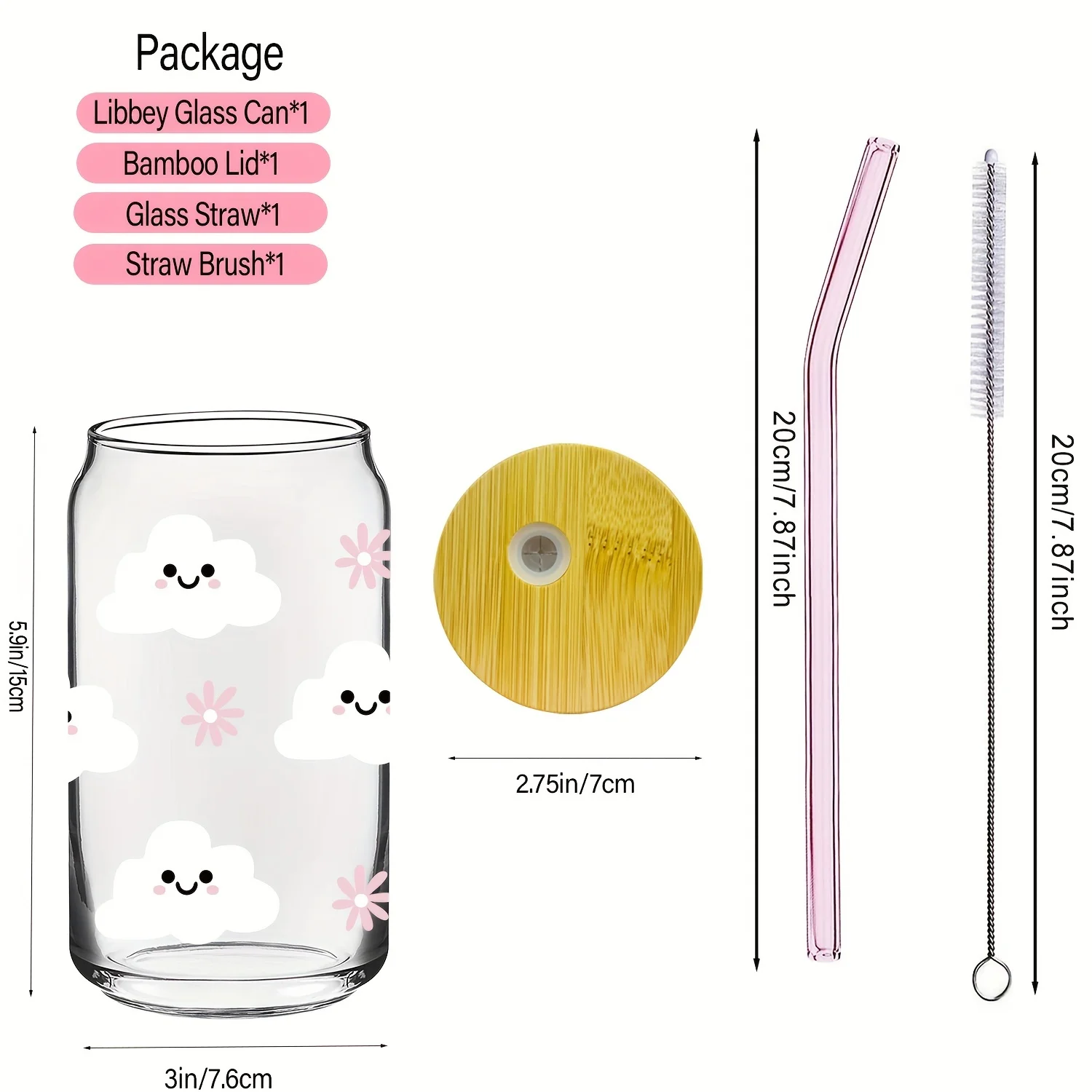 New Popularity Portable Cute Clouds Pattern 16 OZ Glass Milk Tea Coffee Can With Straw And Brush