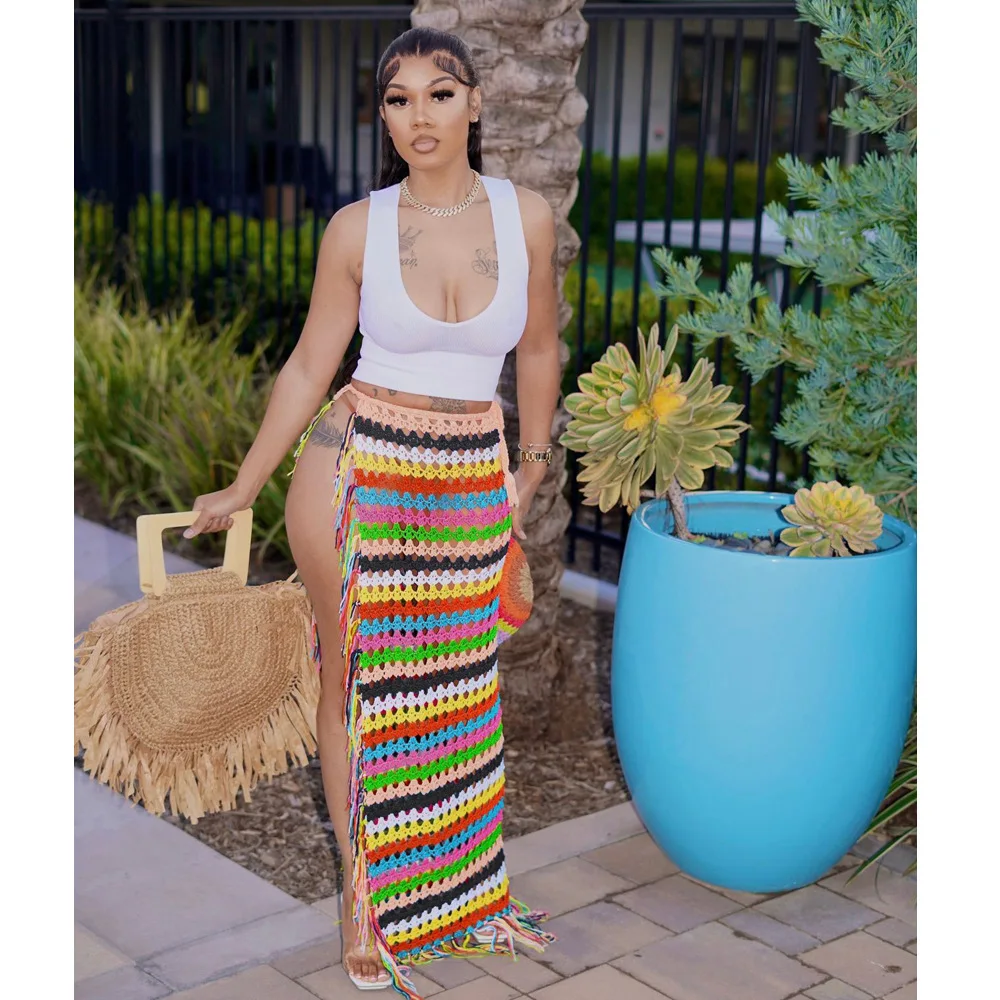 Summer Designer Knitted Tassel Asymmetric Split Skirts Colorful Beach Cover Up Crochet Beach Skirt Hollow Long Stripe Skirt