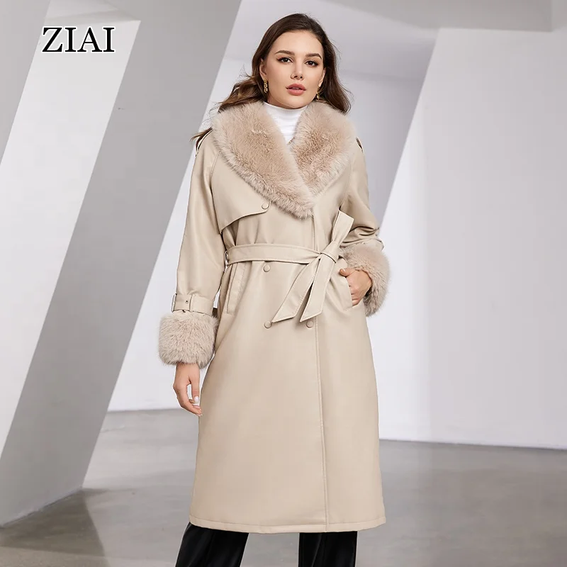 New Stock Double Breast Women Fur Coats Jackets Winter Long Coats Fashionable Trendy Fur Trimmed Leather Women Pu Coats