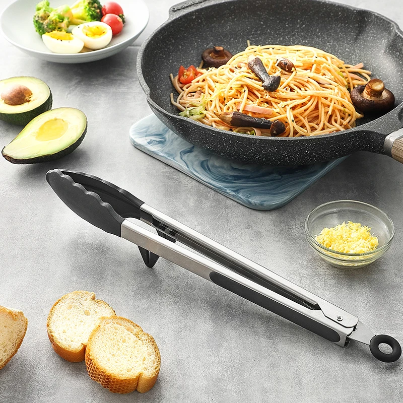 Stainless Steel Silicone Food Clip Tongs Kitchen Gadgets Salad Bread Cooking Food Serving Tongs With Stand