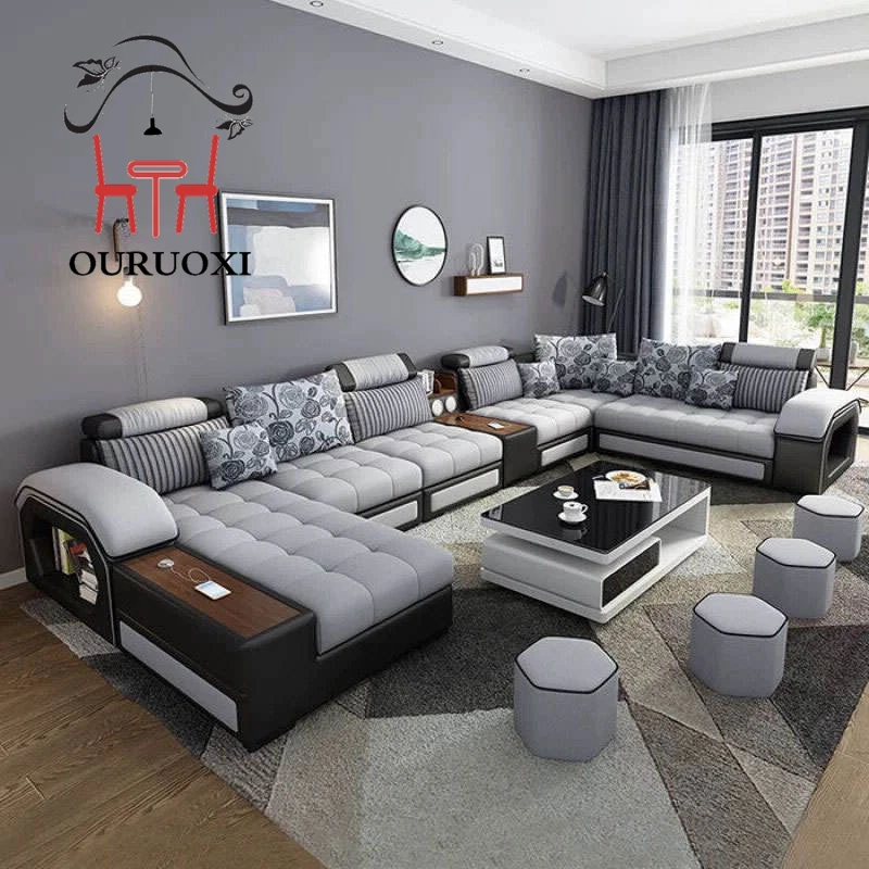 U Shape 7 Seater Sofa Fabric Modern Design Sofa Set Furniture Living Room Sofa
