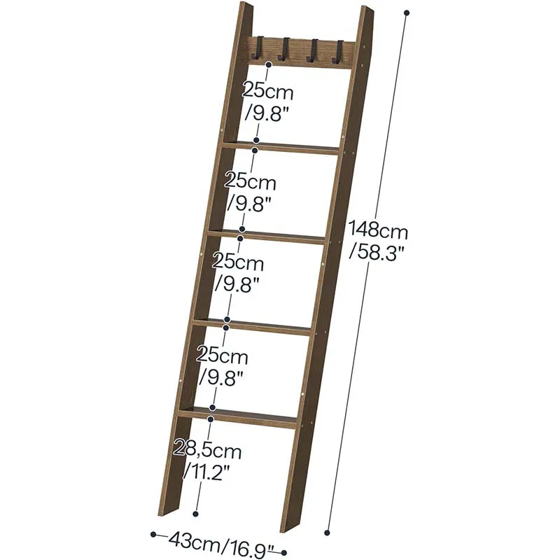 Customized living room bedroom wooden carpet ladder with 4 detachable hooks wall decoration storage rack