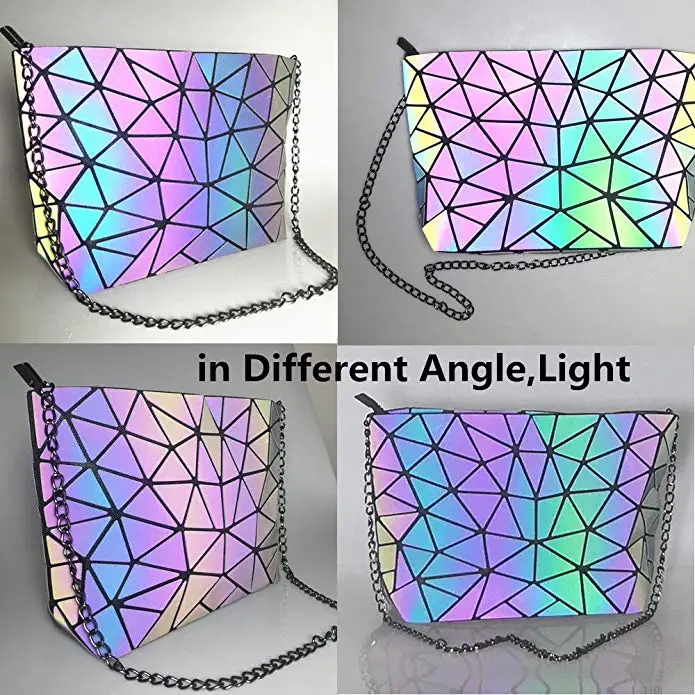 Fashion Hologram Chain Strap Shoulder Luminous Geometric Handbag for Women Girls PU Polyester Crossbody Bag Single Multi Letter