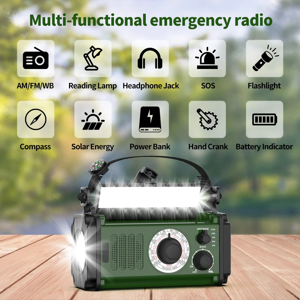 Waterproof Household Led Reading LAMp NOAA/AM/FM Hand Crank Solar Powered Multifunctional DynAMo Radio with Flashlight