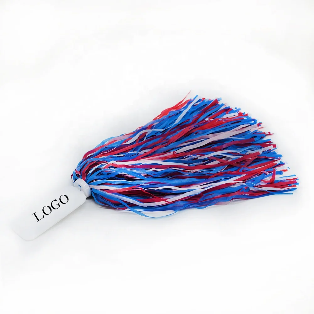 Cheer squad pompoms cheerleading rooter poms for cheering blue white cheer shakers with logo on flat handle poms