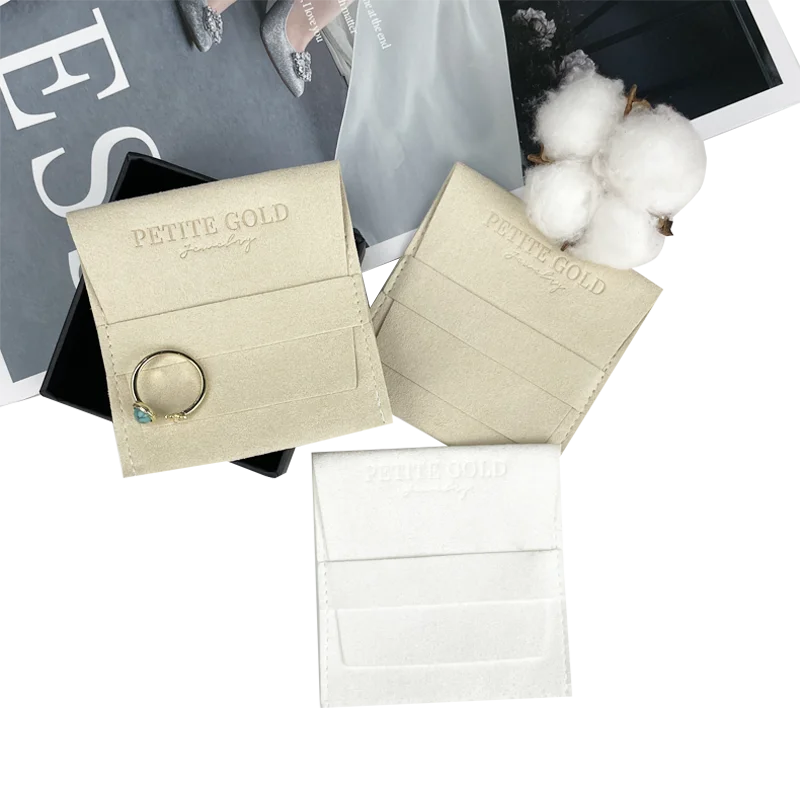 OEM Logo Color Deboss Print Elegant Design Ribbon Flap Suede Microfiber Packaging Bag Jewelry Pouch