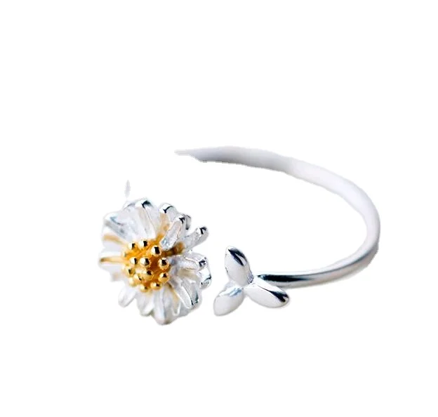 SR104-009 Halo simple open size elegant style gold daisy flower 925 sterling silver rings