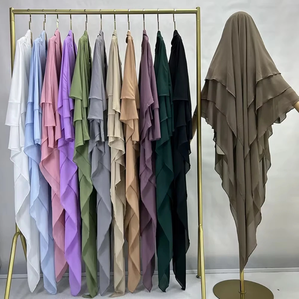 3 Layer Chiffon Khimar with Niqab Strings Long French EID Ramadan Muslim Women Hijab Islamic Clothing Wholesale Prayer Khimar
