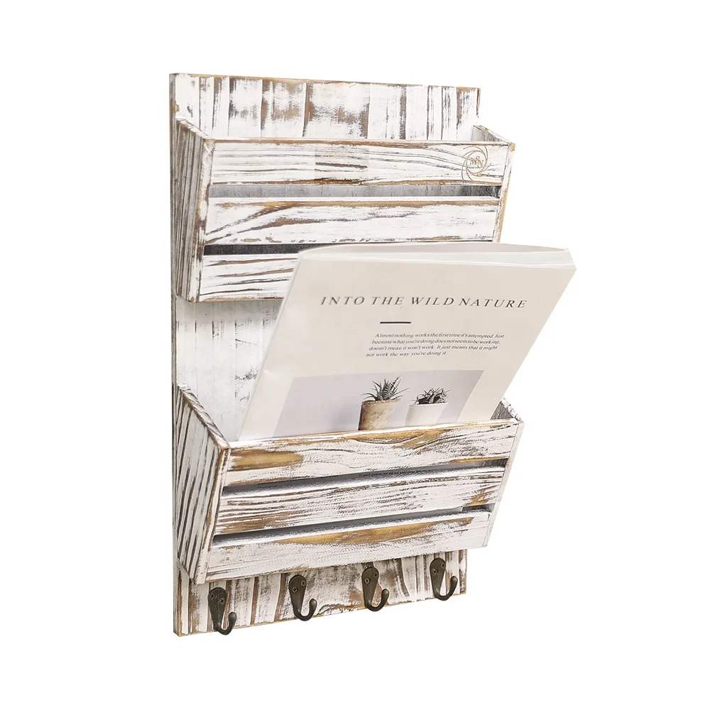 Factory Personalised Living Room Hanging White Washed Wooden Storage Rack Magazine Organiser with Hooks Key Holder