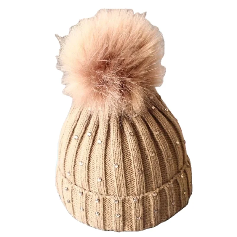 Child Soft Winter Warm  wool Baby Diamond Big Pom Pom Knit Hats