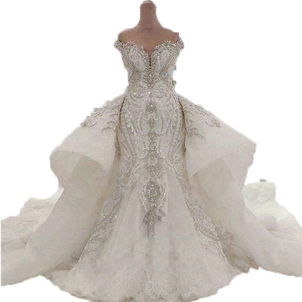 Luxury Beaded Mermaid Wedding Dress With Detachable Overskirt Dubai Arabic Sparkly Crystals Diamonds Bridal Gowns