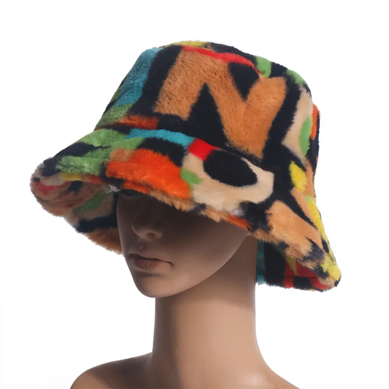 Fashion Women Fisherman Hat Warm Fuzzy Winter Fur Hats New Girls Letter Printed Faux Fur Bucket Hat
