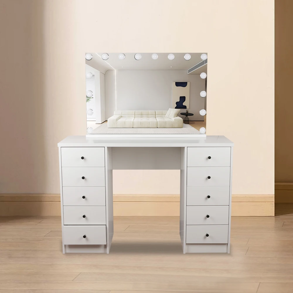 Custom Modern Designer Adults Bedroom White Wooden Makeup Mirrored Console Dressing Table With Mirror