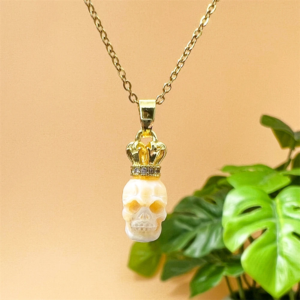 Carved Real Natural Fresh Water Pearl Necklace Silver Gold Plated CZ Crown Pendant Skull Head Pearl Necklace for Christmas Gifts