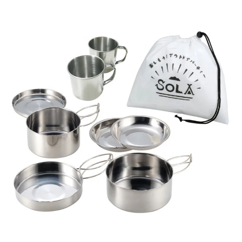 Outdoor 8pcs Pot Set Stainless Steel Cookware Mountaineering Picnic Set Bowl Portable Multi-function Storage Pot