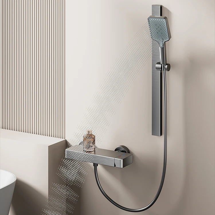 SANIPRO Large Shower Storage Shelf Design Hot Cold Mixer 4 Modes Bathroom Bath Tub Space Aluminum Minimalist Shower Set