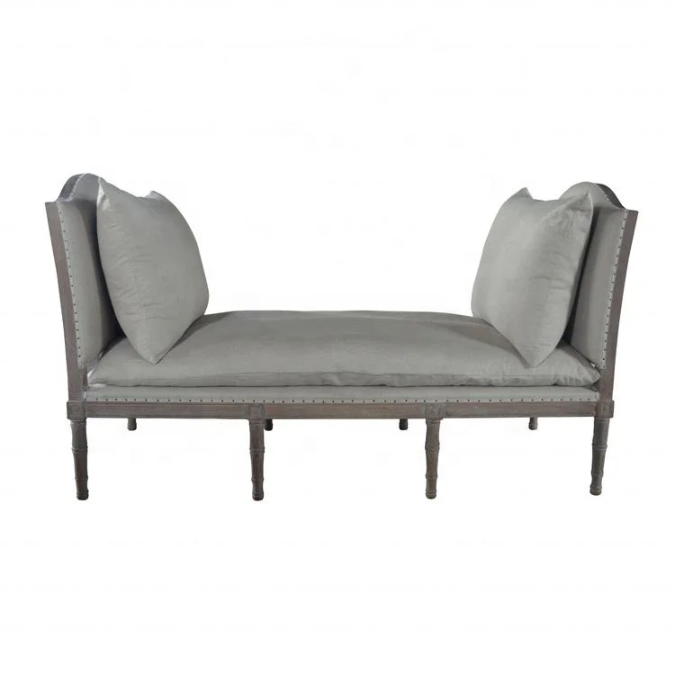 SG001 French style Antique Wooden End of Bed Bench Upholstered Fabric Linen Daybed Wood Chaise Lounge Sofa Bed