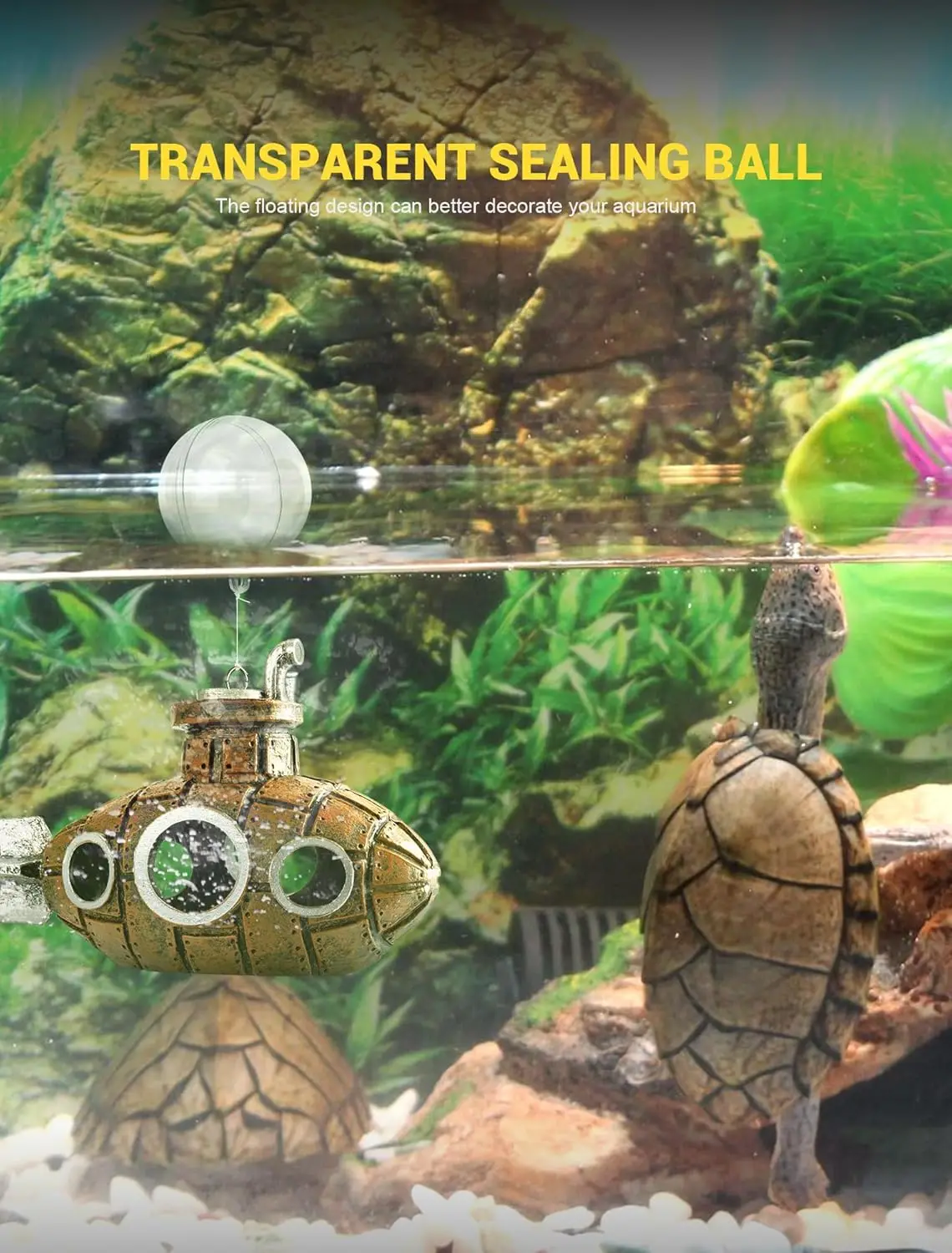 Floating Fish Tank Decoration, Little Cute Retro Submarine Aquarium Decoration with Two Float Balls