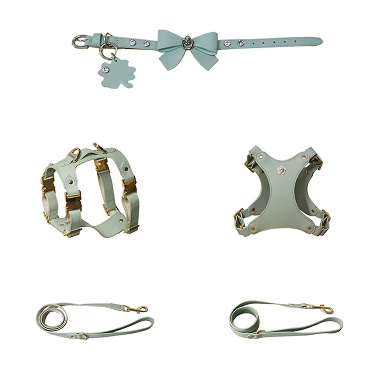 MayChan New Leather Pet Harness Adjustable Luxury PU Dog Harness Cute Pet Collar Dog leash Set