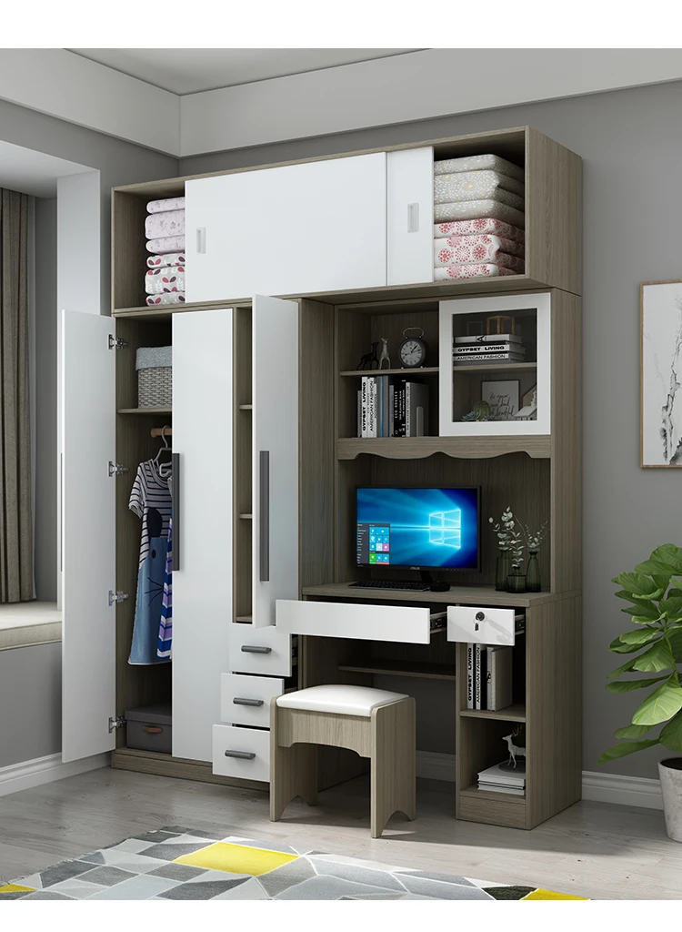 Modern simple wardrobe bookcase one combination of two three-door bedroom cabinet conjoined computer learning desk cabinet