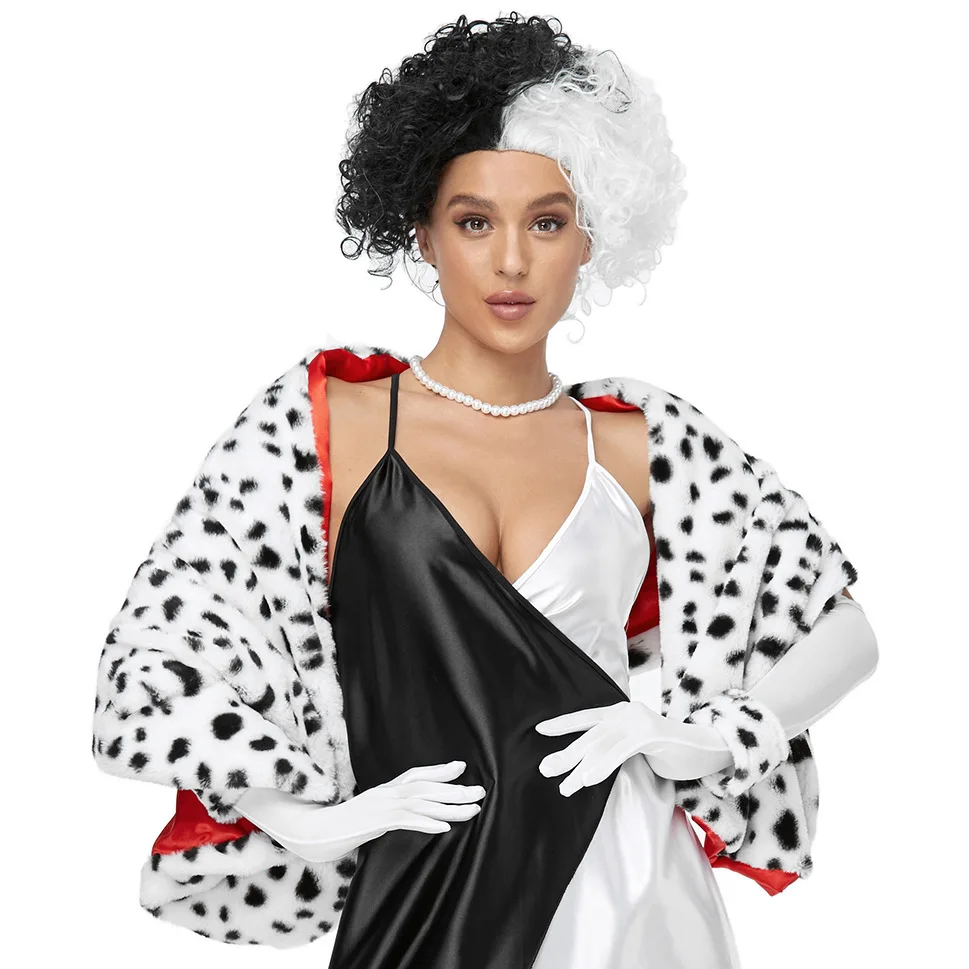 Halloween Cosplay Spotted Leopard Print Shawl Cruella Scarf Cape Black and White Witch Cape Costume Wig