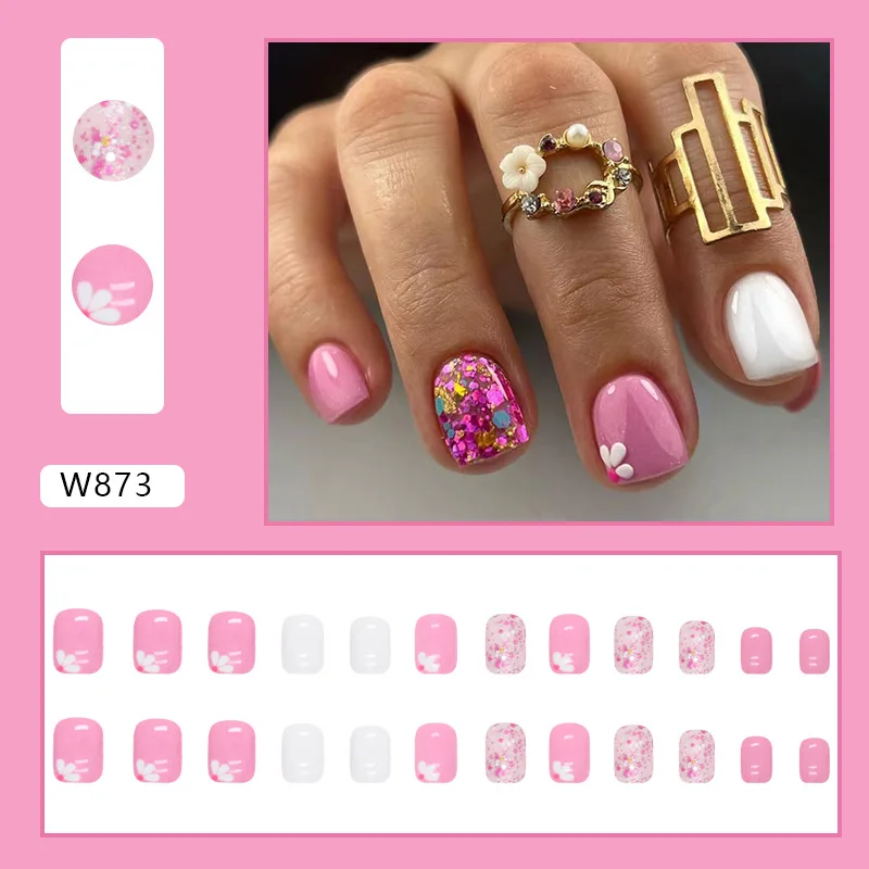 24pcs Pink White Flowers Cute Explosive Short Square False Nails Stick On Nails Press on Nails