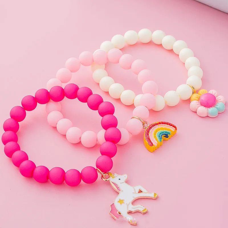 Hot Sale Handmade Pink Acrylic Beads Bracelet Set Cute Cartoon Resin Flower Rainbow Gold Enamel Unicorn Charm Bracelets