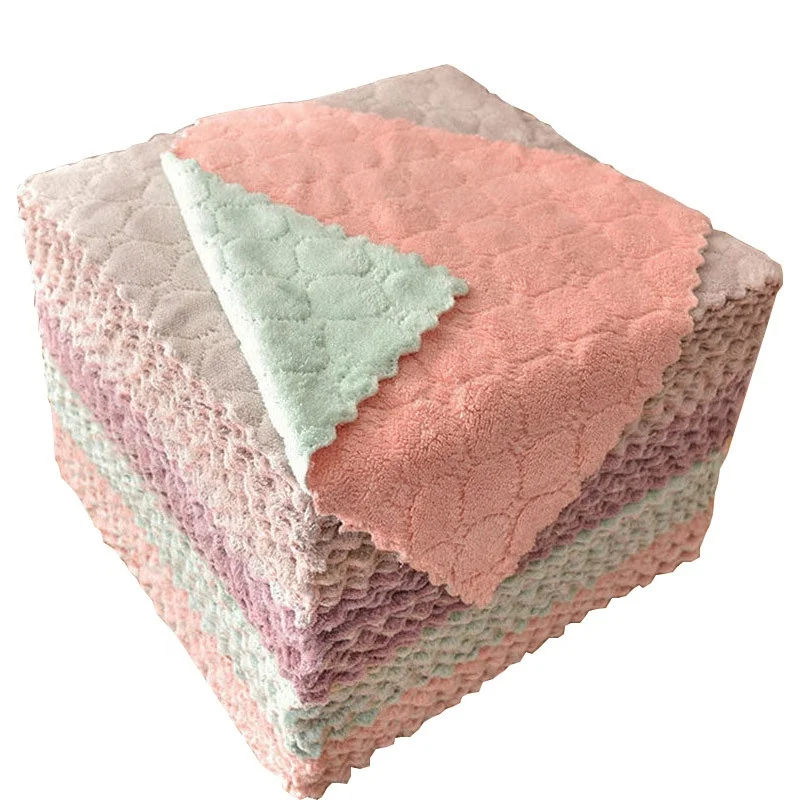 Wholesale Double Sided Microfiber Kitchen Cleaning Cloth Coral Fleece Towel Household Kitchen Rag