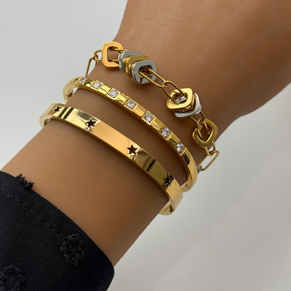 2024 New Stainless Steel Waterproof Jewelry Set 18k Gold Plated Geometric Pendant Necklace Paper Clip Chain Bracelet MK3858