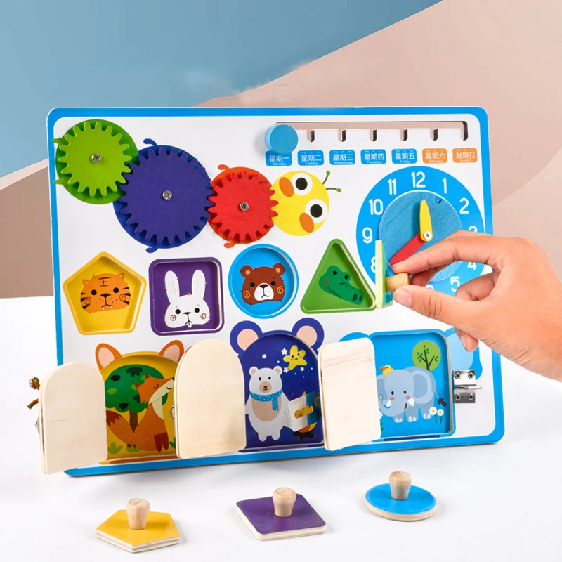 Montessori Toddler Busy Board Wooden Sensory Unlock Toys Locks Board Activity Board Toys Kids Early Educational Puzzle Toy