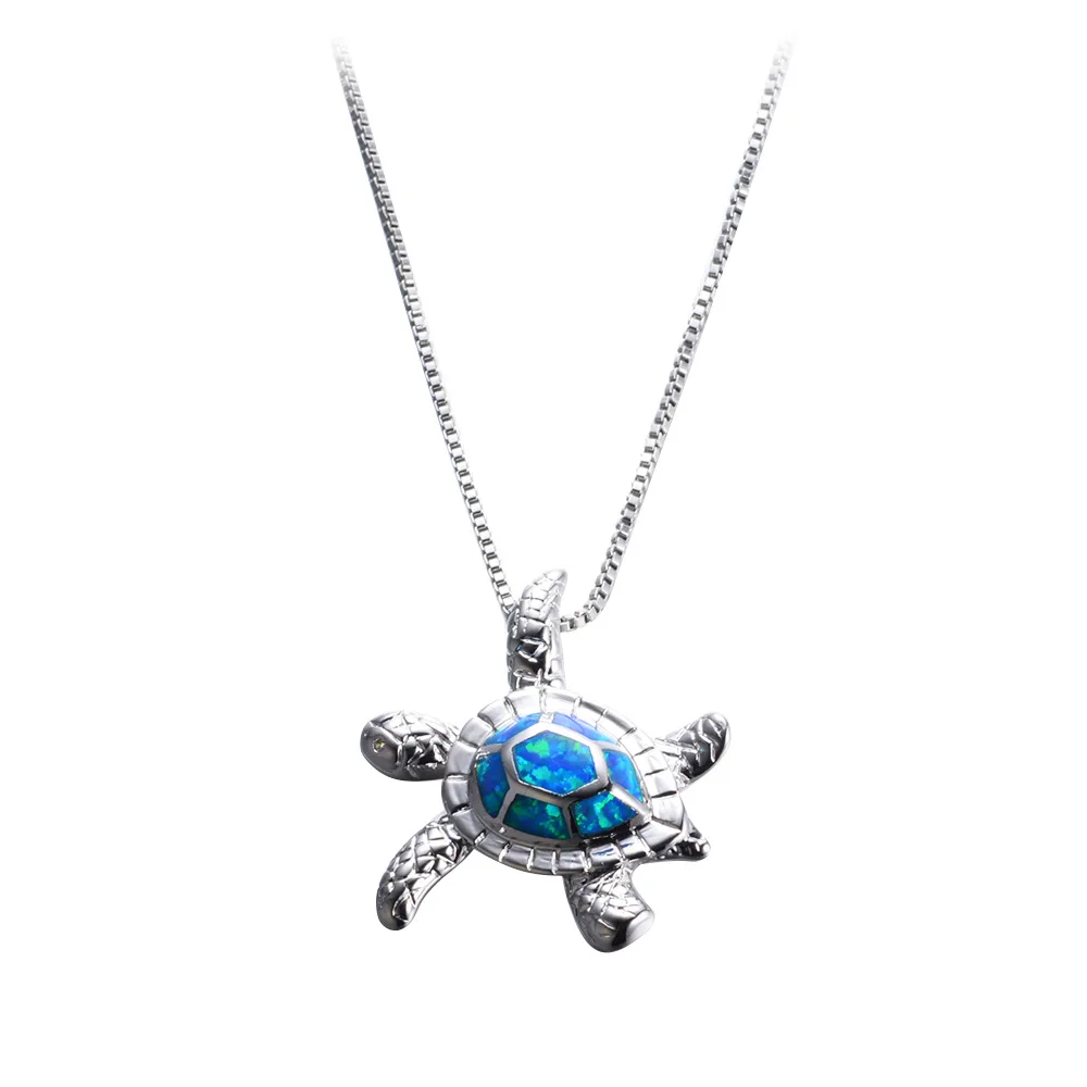 Wholesale 925 sterling silver blue fire opal necklace cute turtle pendant necklace