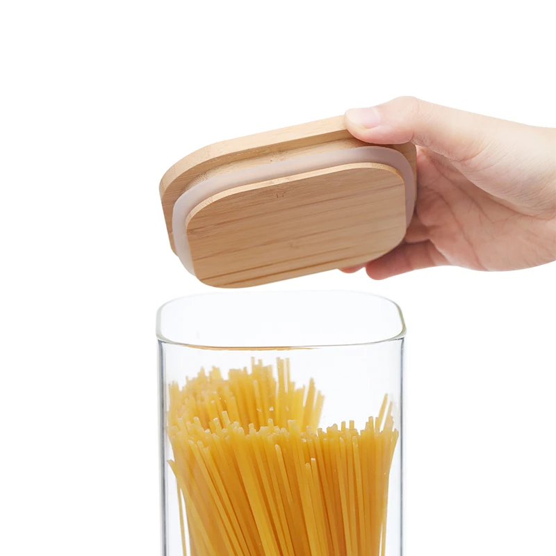 custom high borosilicate glass food storage jars containers bamboo lids kitchen canister with wooden lids set