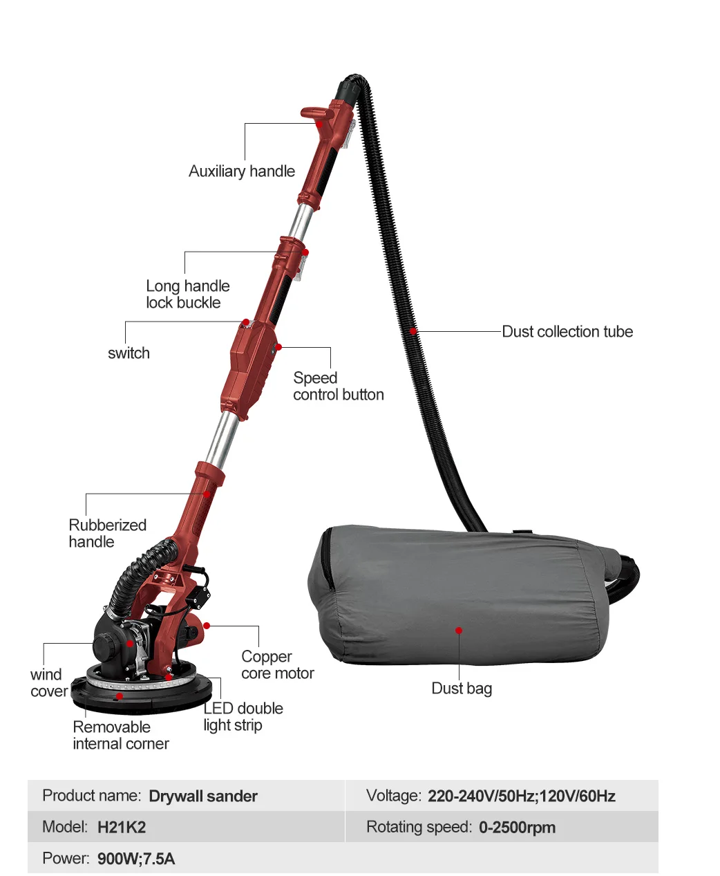 HM21K2 Factory Supply Electricity Sander Foldable Ceiling Sander Dust-Free Vacuum Drywall Sander