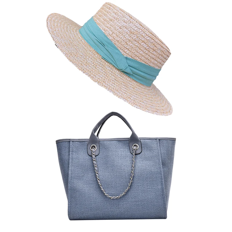 Best Selling Large Capacity Solid Color Beach Bag And Summer Hat Set Canvas Beach Fashion Tote Handbag Hat And Purse Set