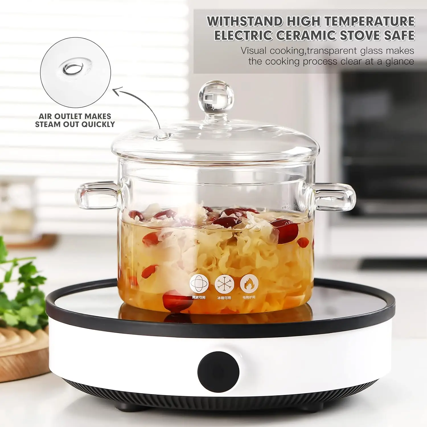 1.3L/ 1.5L /2L ODM OEM Heat Resistant High Borosilicate Transparent Glass Cooking Pot For kitchen